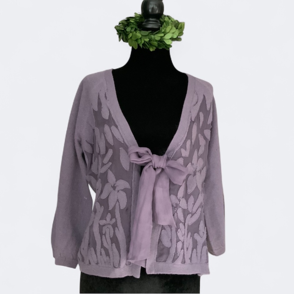 Anthropologie Guinevere Lilac Purple Wool Silk Burnout Tie Front Cardigan SZ M